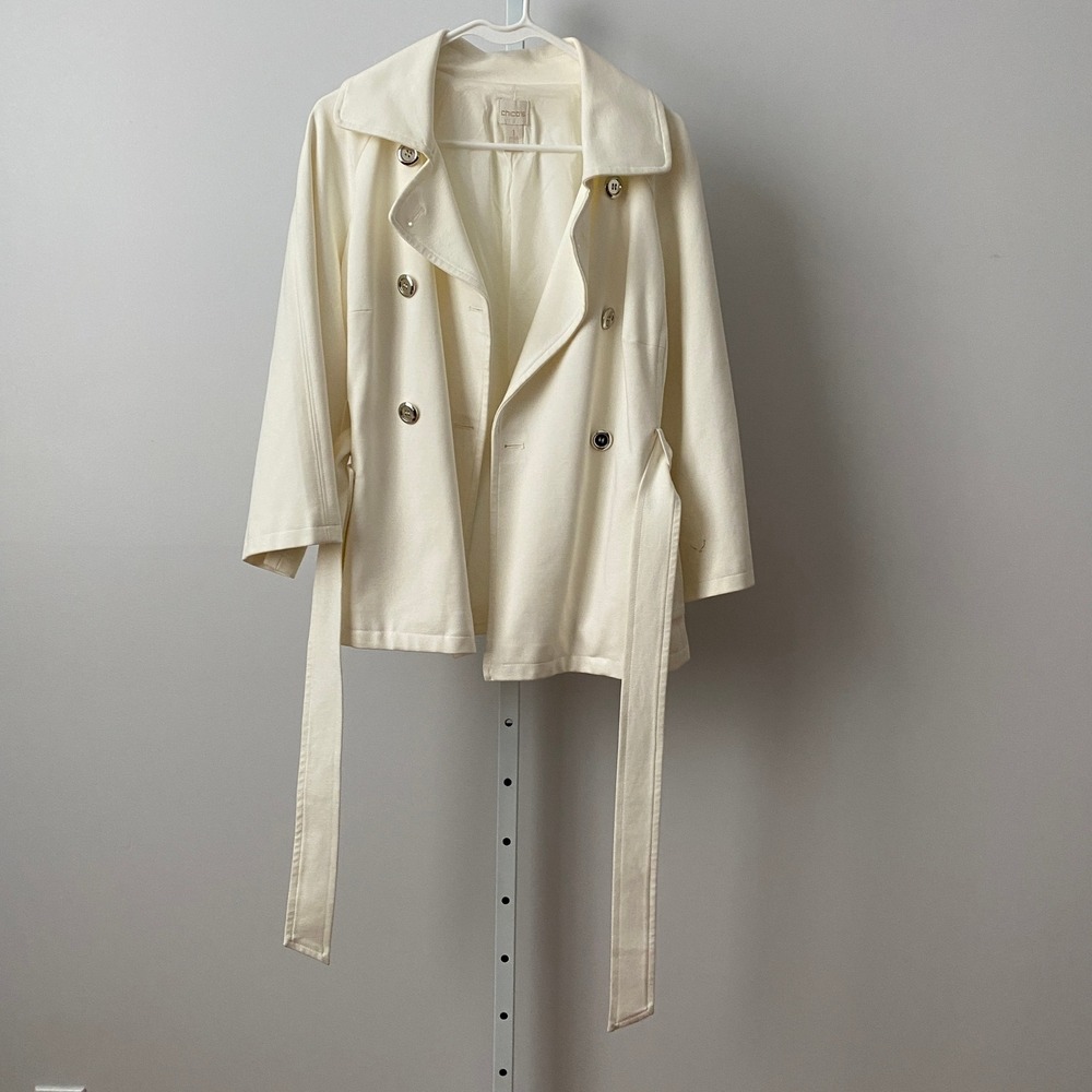 Chico's‎ 1 Cream Double Breasted Belted Trench Jacket Short Coat 3/4 Sleeve